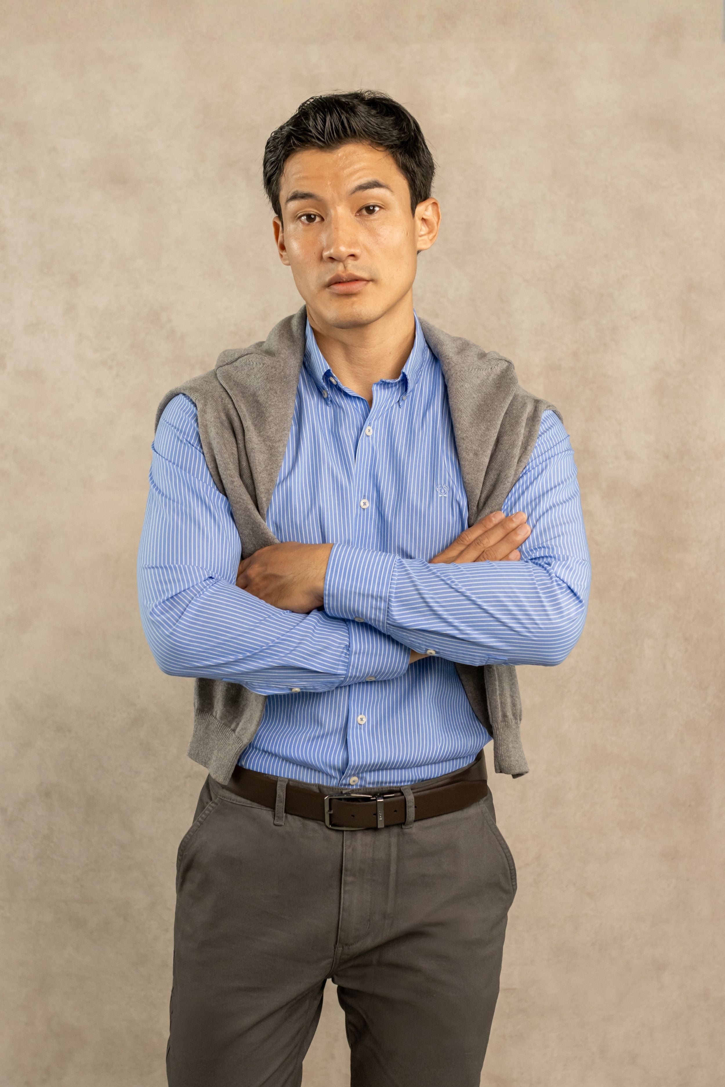 Camisa Antimanchas Popelina Rayas Azul Logo Contraste