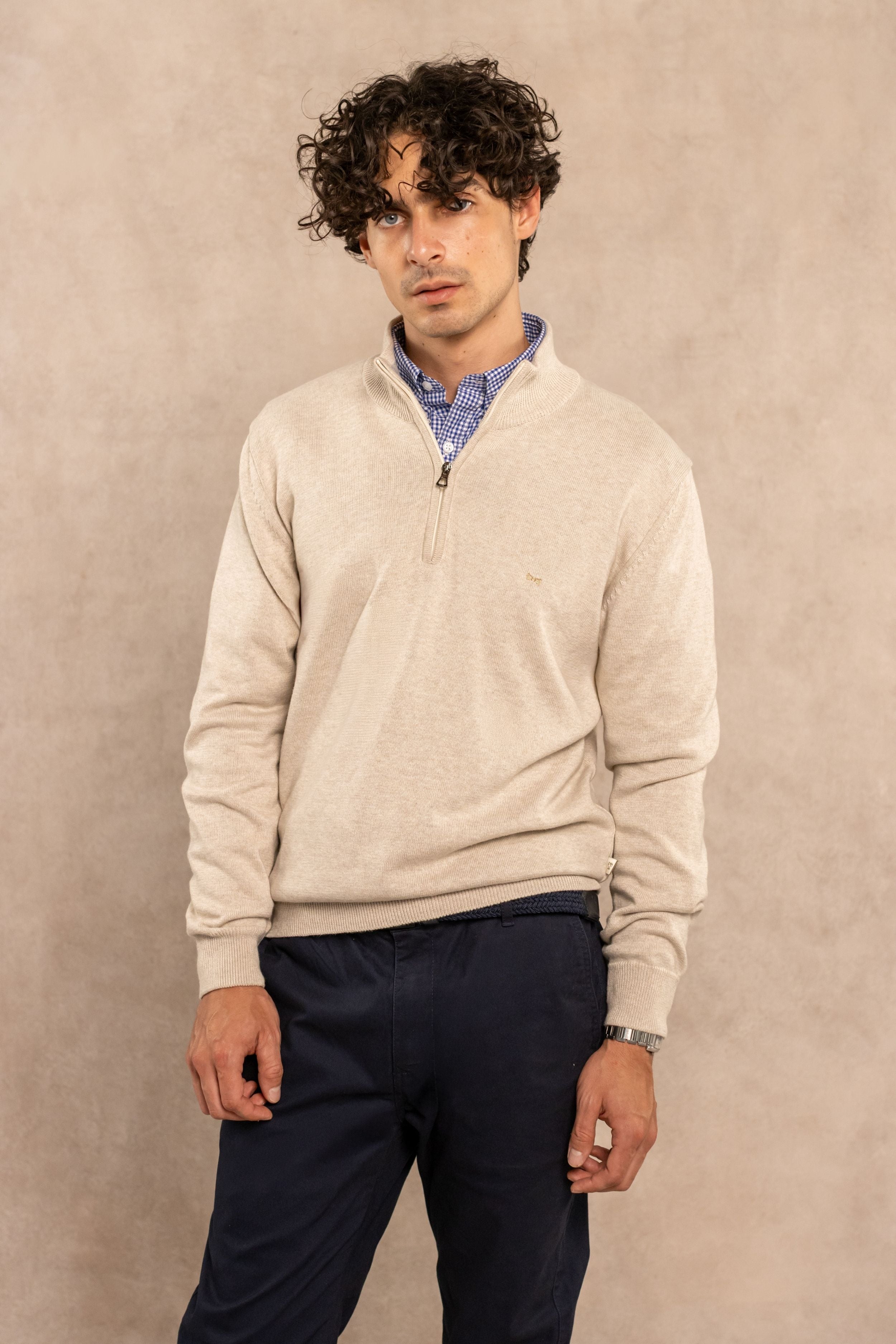 Halfzip Algodon Peinado Antiarrugas Maril