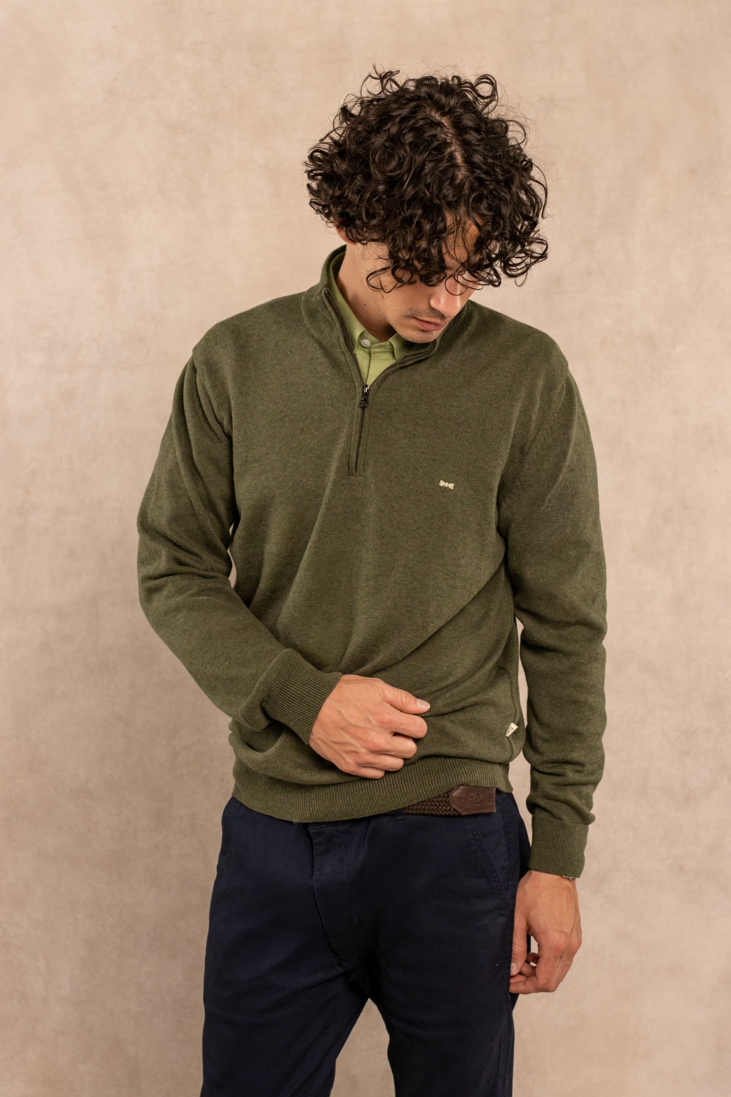Halfzip Algodon Peinado Antiarrugas Verde Olivine