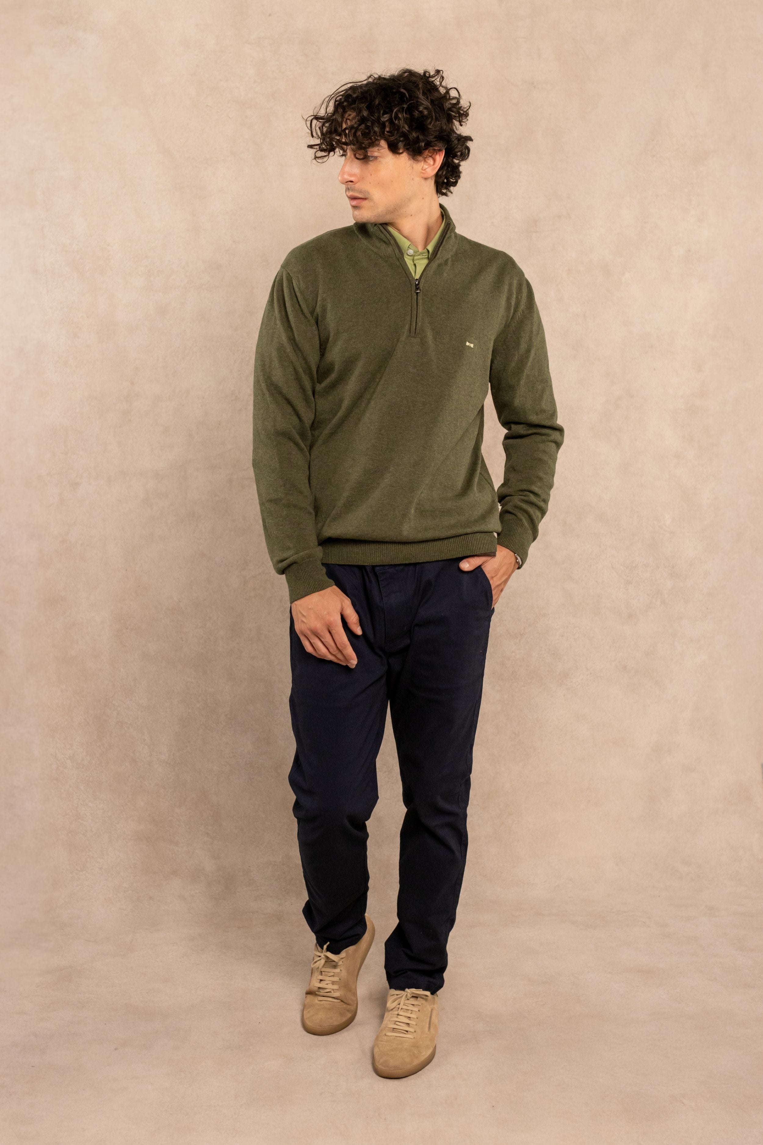 Halfzip Algodon Peinado Antiarrugas Verde Olivine