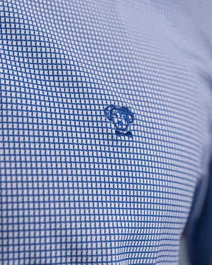 Camisa Performance cuadros azul oscuro antiarrugas para hombre marca DANTE tallaje regular fit foto tela