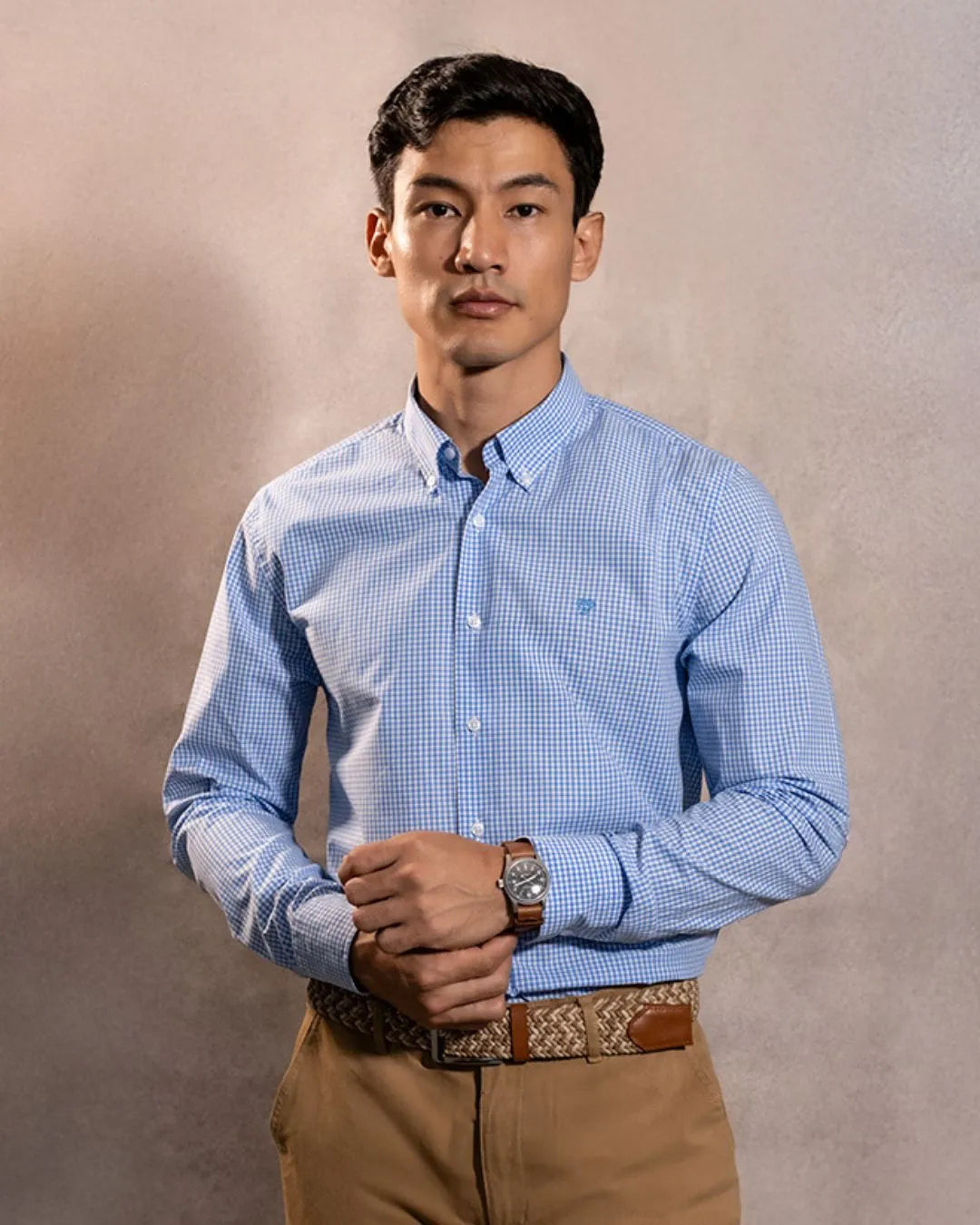 Camisa Antimanchas Popelina Cuadros Azul Claro Logo Combinado