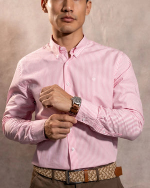Camisa antimanchas Popelina Rayas Rosadas para hombre marca DANTE tallaje regular fit foto camisa