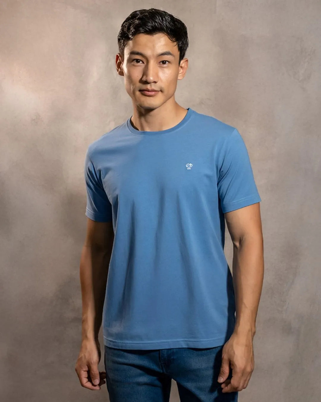 Camiseta antimanchas Azul Chino para hombre marca DANTE tallaje regular fit foto modelo