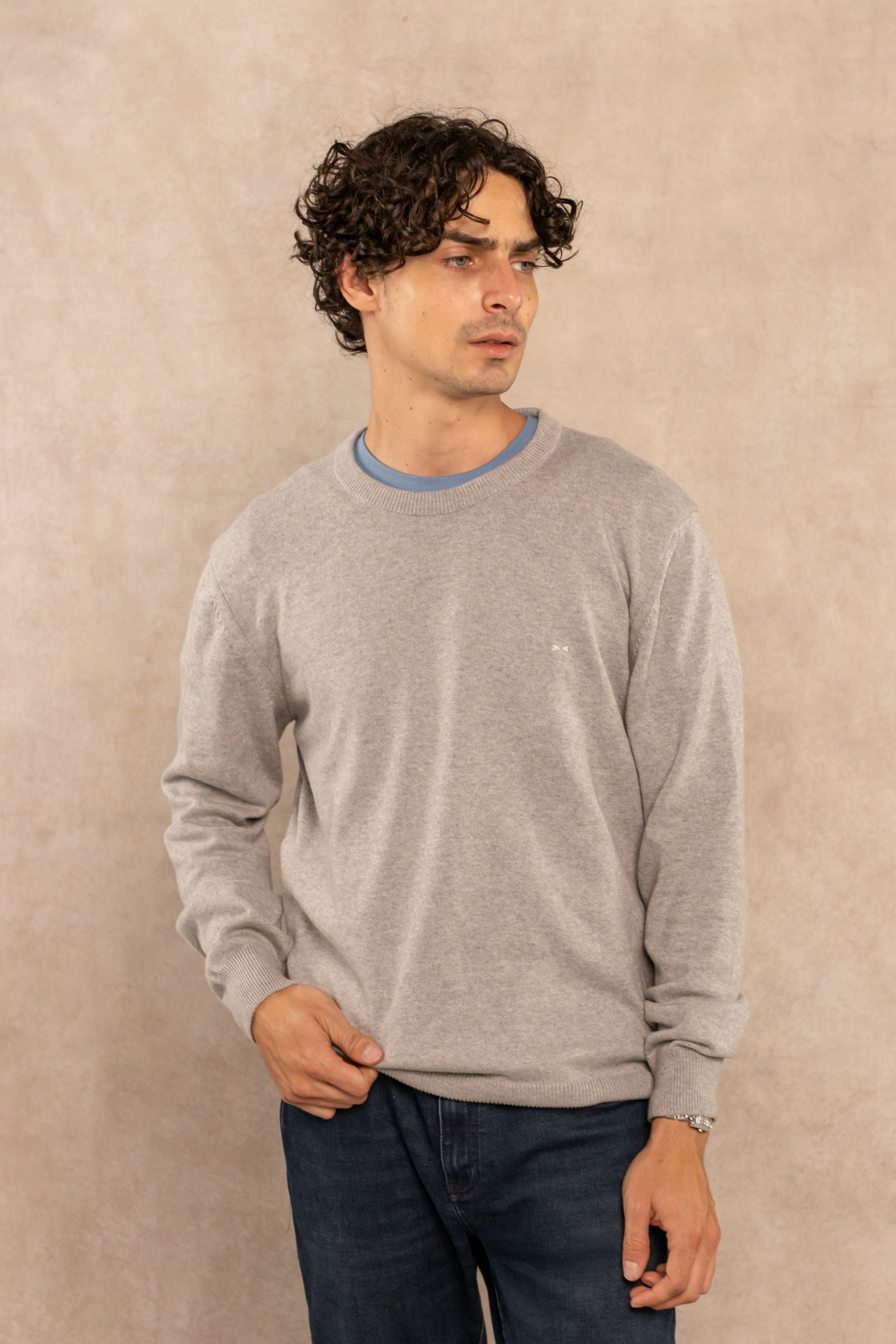 Sueter Algodon Peinado Cuello Redondo Gris Claro