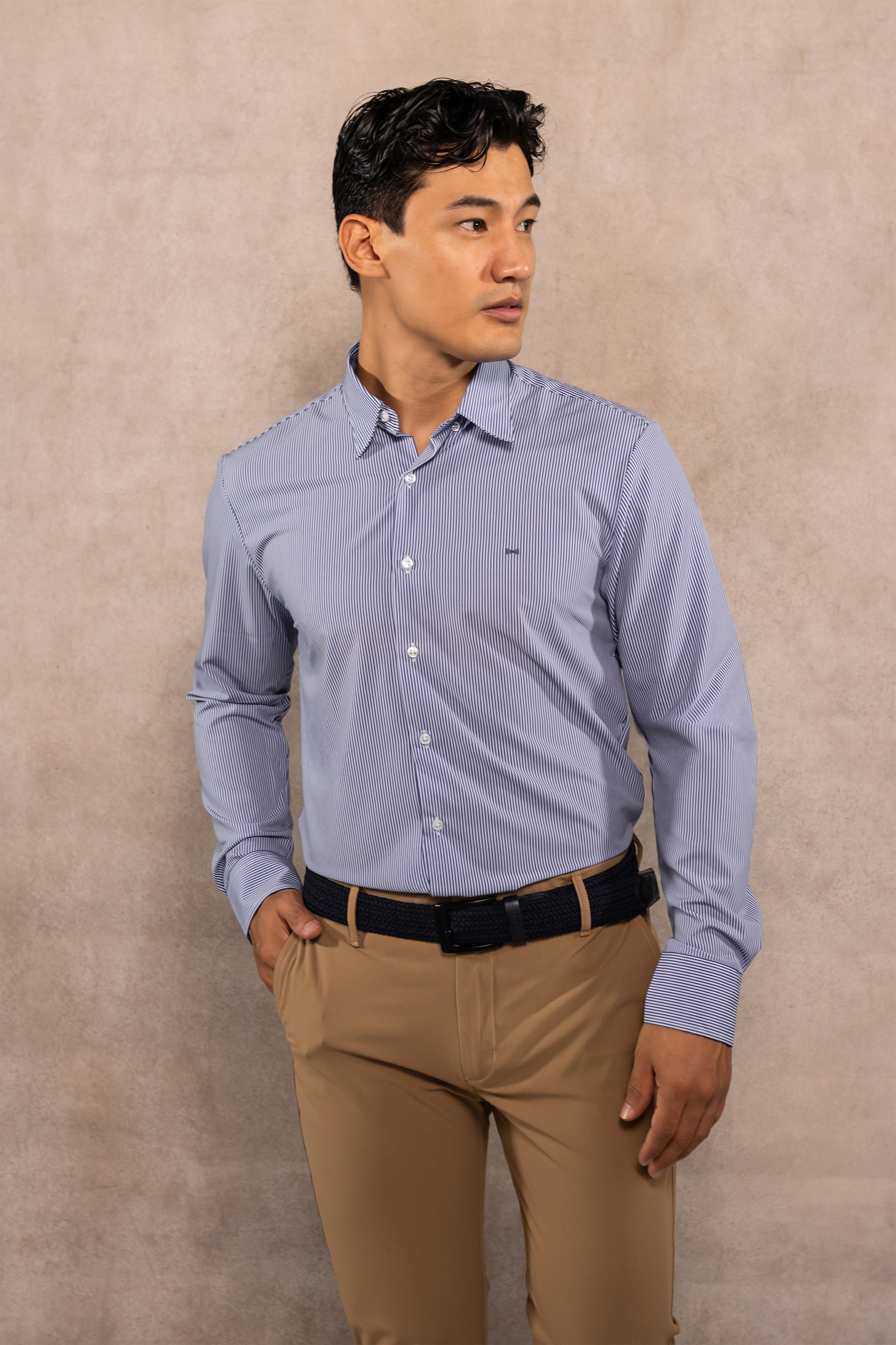 Camisa Performance Antiarrugas Rayas Azul Oscuro