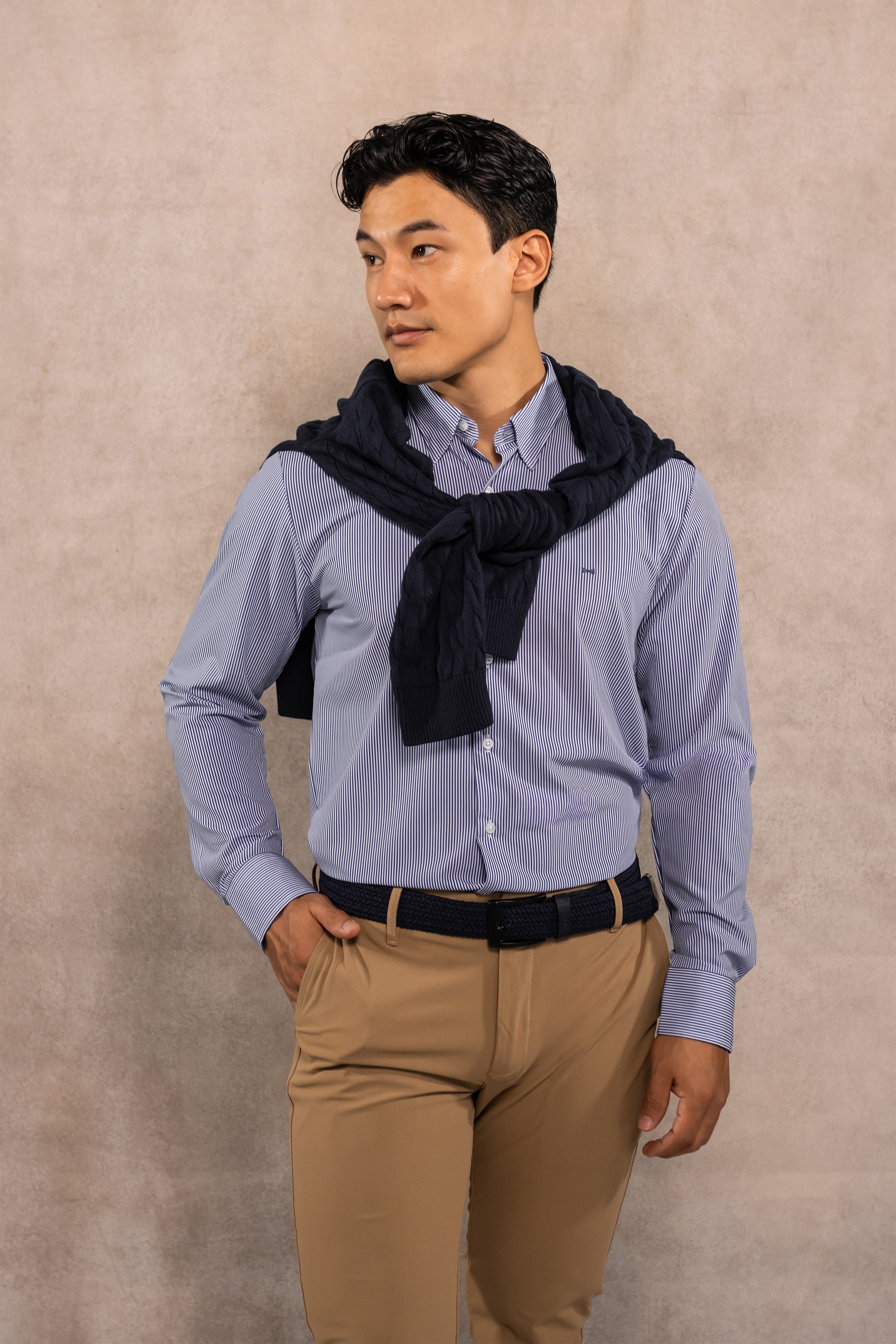 Camisa Performance Antiarrugas Rayas Azul Oscuro
