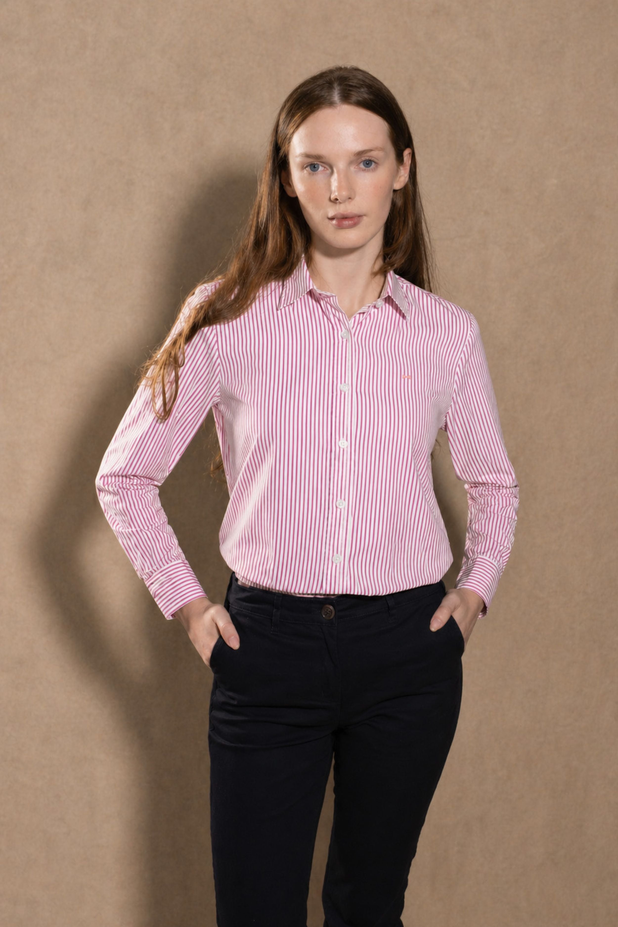 Camisa Antimanchas de Mujer Popelina Rayas Rosadas