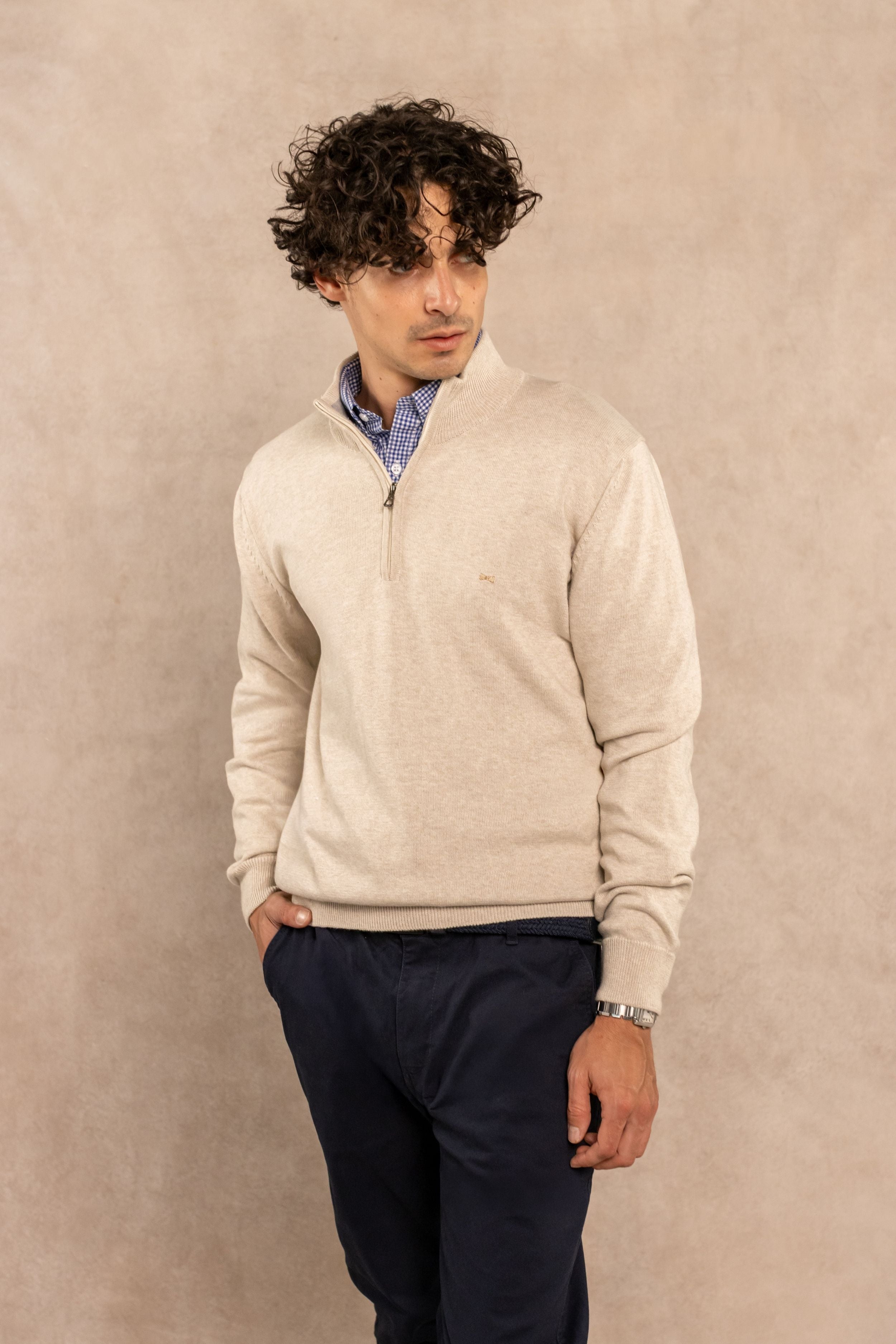 Halfzip Algodon Peinado Antiarrugas Maril