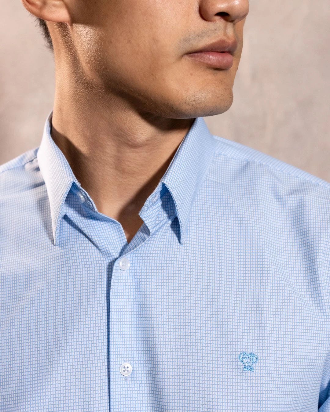 Camisa Performance cuadros azul claro antiarrugas para hombre marca DANTE tallaje regular fit foto logo