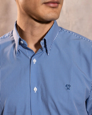 Camisa Performance rayas azul oscuro antiarrugas para hombre marca DANTE tallaje regular fit foto logo