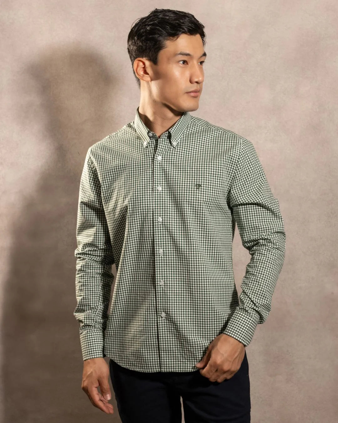 Camisa Antimanchas Popelina Cuadros Verde Oscuro Lugano