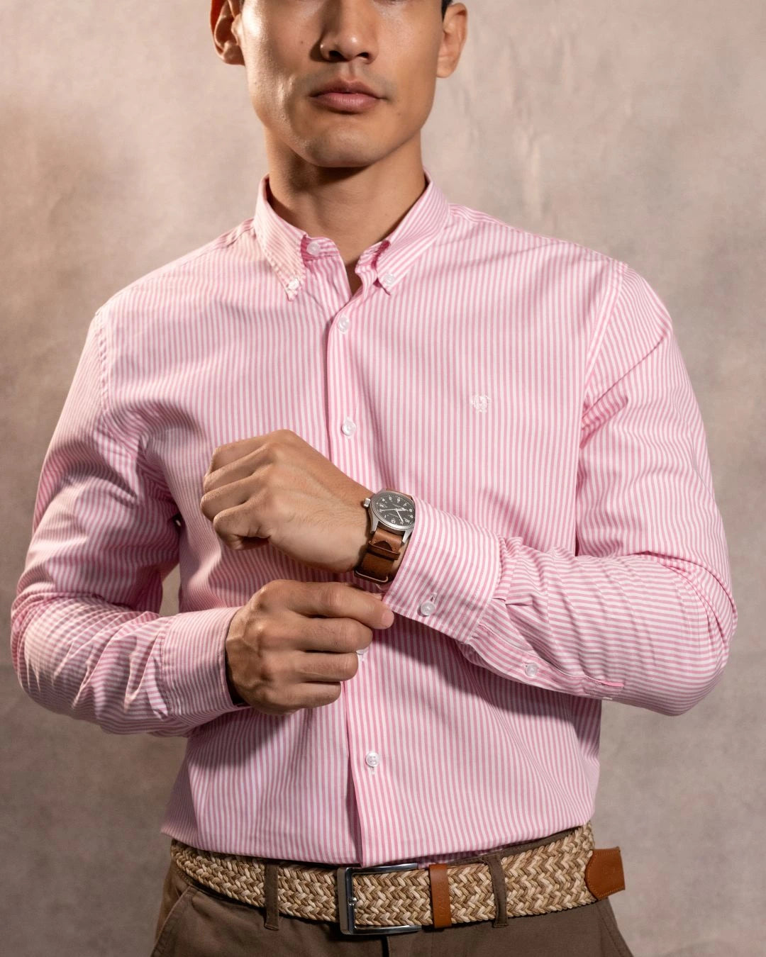 Camisa antimanchas Popelina Rayas Rosadas para hombre marca DANTE tallaje regular fit foto camisa