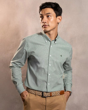 Camisa antimanchas Popelina Rayas Verde Oscuro para hombre marca DANTE tallaje regular fit foto modelo