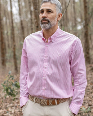 Camisa antimanchas popelina rayas rosadas marca DANTE para hombre regular fit foto yepes 