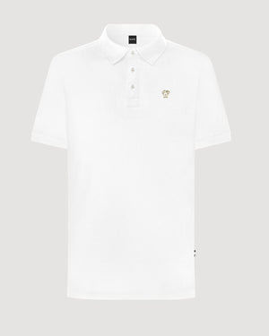 Polo Antimanchas Cuello Rígido Blanca Logo Dorado