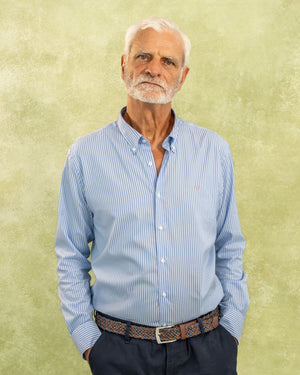 Camisa Antimanchas Oxford Rayas Azul Princeton Logo Rosado