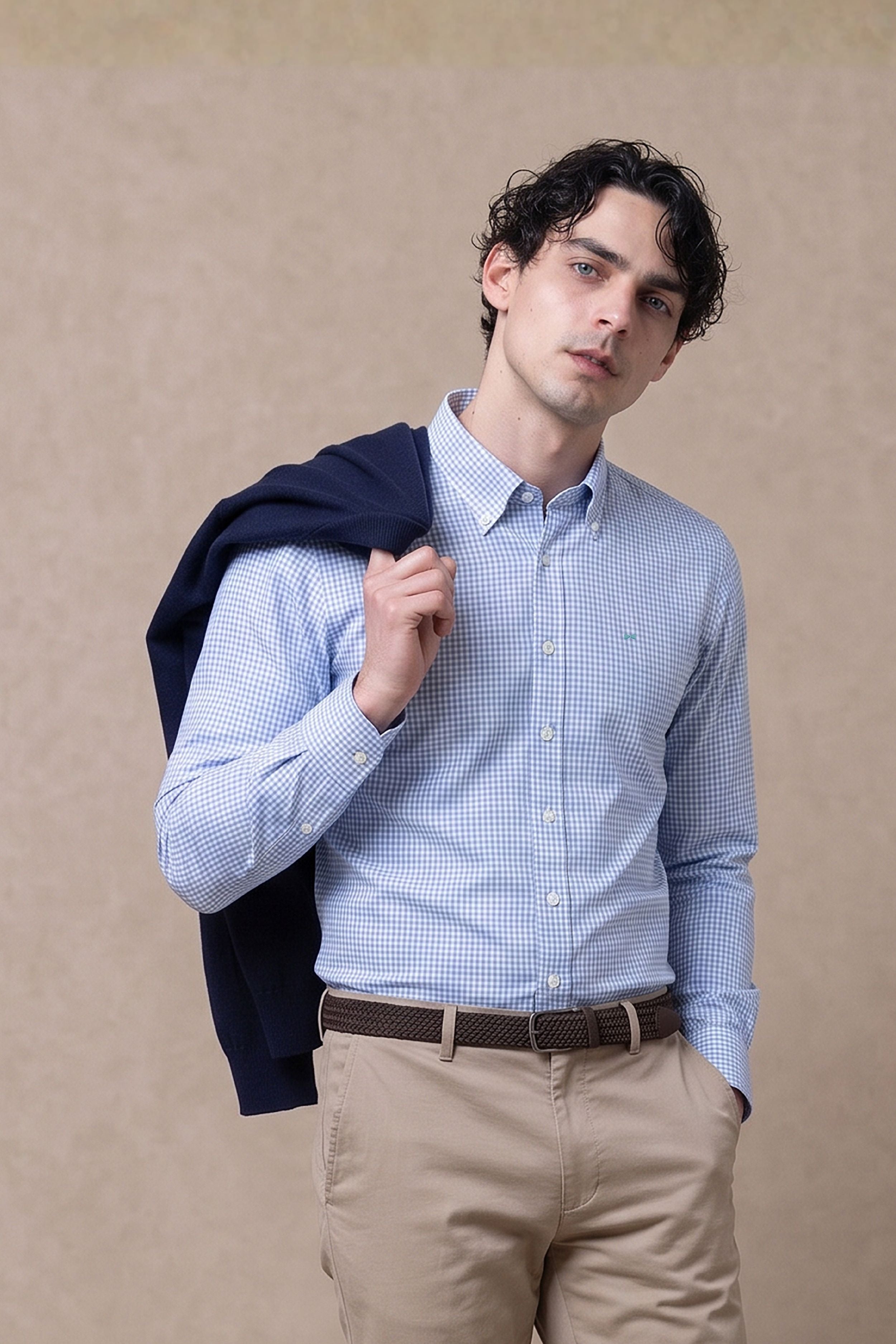 Camisa Antimanchas Popelina Cuadros Azul Claro Logo Combinado