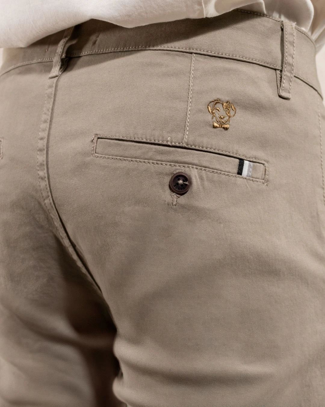 Pantalón elástico chino color taupé para hombre marca DANTE foto de cerca