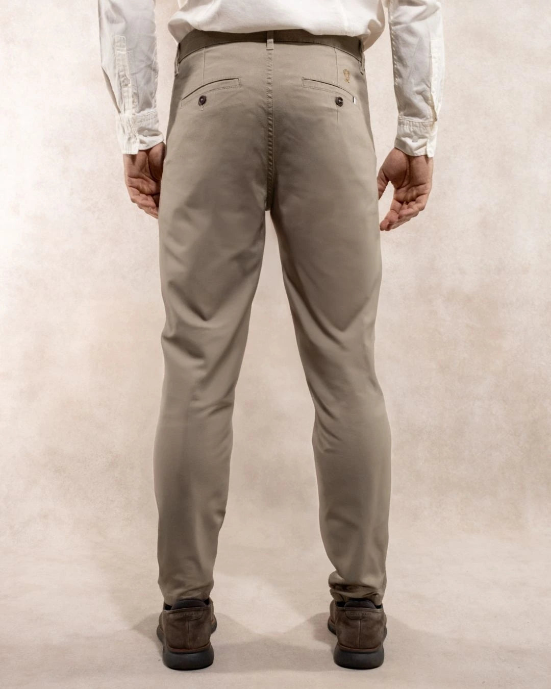Pantalón elástico chino color taupé para hombre marca DANTE foto de espaldas