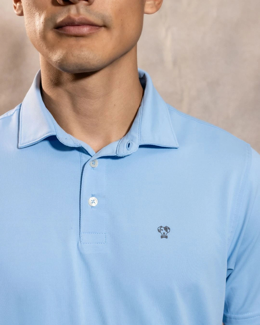 Polo Performance Antiarrugas Celeste para hombre marca DANTE tallaje regular fit foto logo