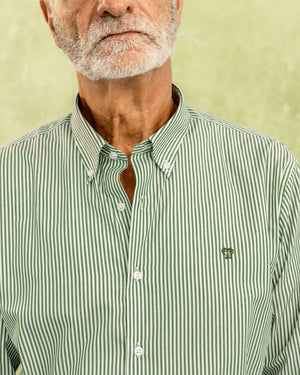 Camisa antimanchas Popelina Rayas Verde Oscuro para hombre marca DANTE tallaje regular fit foto logo